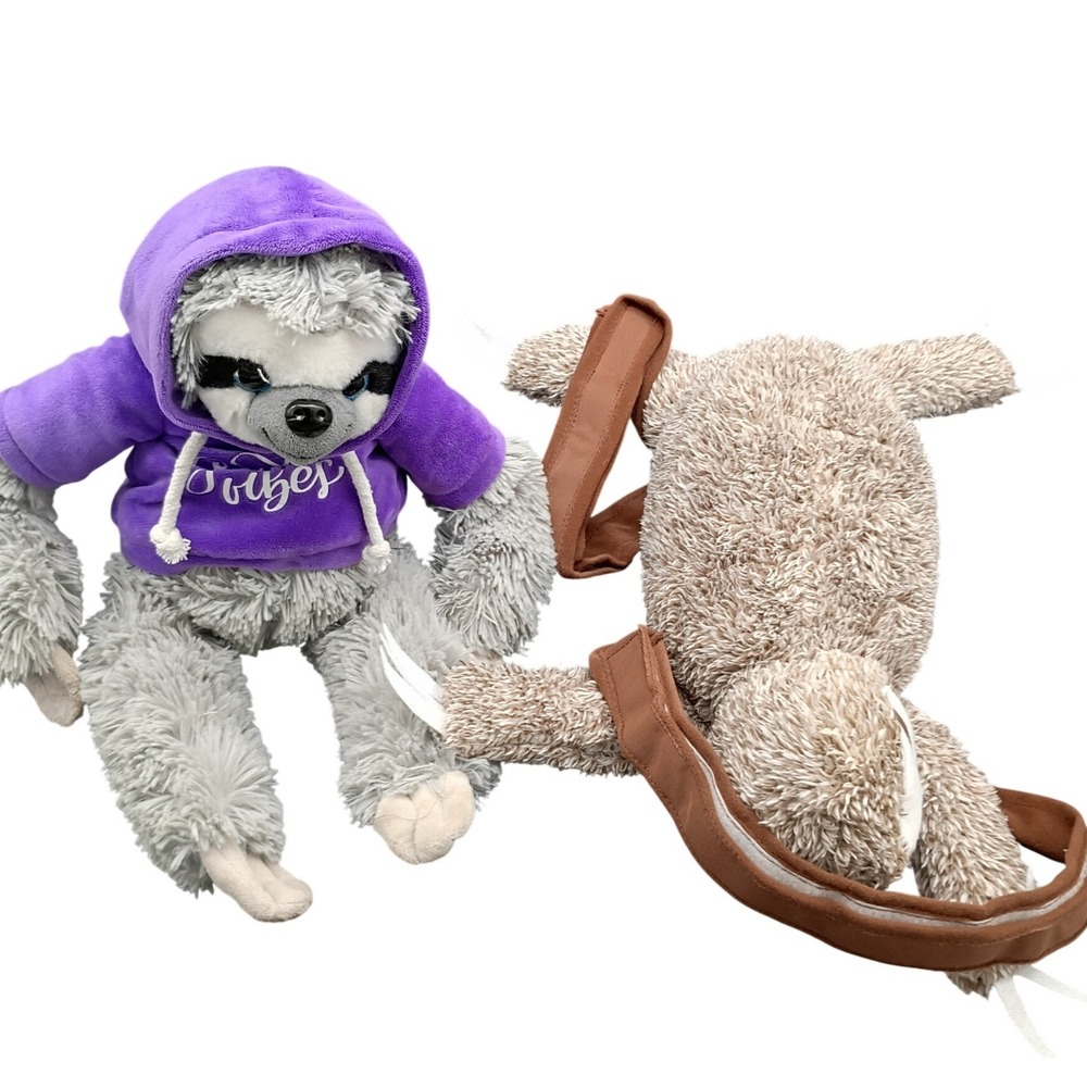 Sloth Plush Set Grey Purple Vibes Hoodie and Tan Sloth Backpack 2pc Bundle